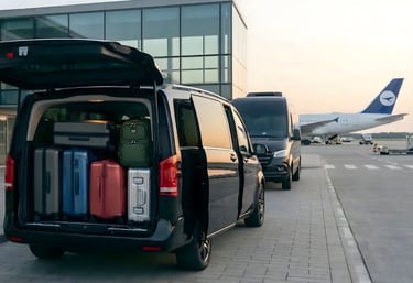 Juodas Mercedes-Benz mikroautobusas oro uoste su atidaryta bagažine ir lagaminais