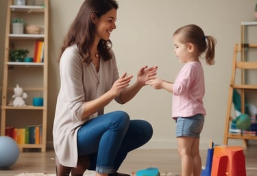 Elisavet Kyriakou warmly engaging with a young child during a speech therapy session in a bright, welcoming office.
