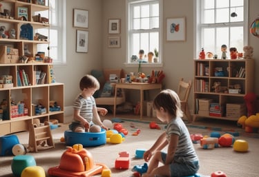 A warm therapy room with pastel walls and child-friendly toys.
