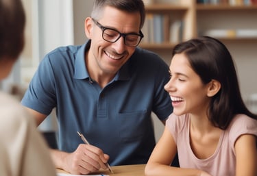 A speech therapist engaging gently with a child using colorful flashcards.