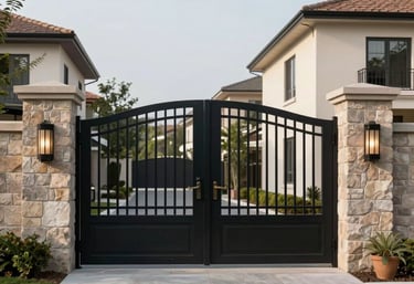 A wide shot of a modern, secure gated entrance with stone pillars and elegant black iron gates in a high-end North American / US residential neighborhood.