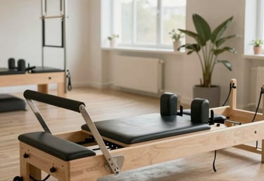 A warm Pilates studio with an instructor guiding a client through a personalized exercise.