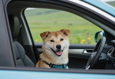 A happy dog looking calmly out of a car window at a passing green landscape, wearing a safety harness, representing a hopeful journey, with #A7BCC9 sky reflections.