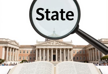 Libro abierto con edificio gubernamental y lupa con palabra State derecho administrativo