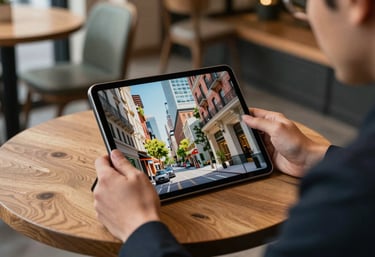 A lifestyle shot of a professional looking at a tablet showing a vibrant architectural render. The setting is a chic urban cafe in North America with natural textures and a premium feel.