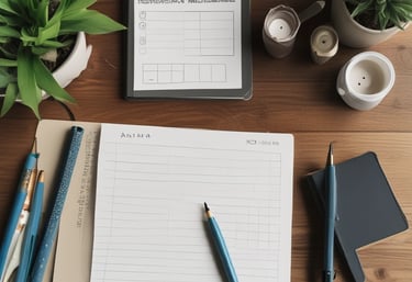 A cozy workspace with a laptop, notebook, and coffee cup, symbolizing focus and personal growth.