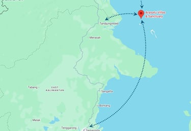 Flight and boat routes to Arasatu Villas & Sanctuary.