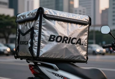 Close-up of a high-speed delivery box on a motorcycle, parked in a Brazilian business district at dusk, sharp focus, professional style.