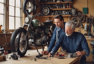 A father and son working together on an electronic machine, symbolizing the family tradition.