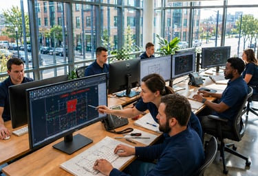 Engineers using CAD software for building design in a modern, sunlit architectural office.