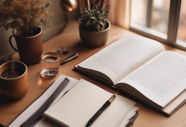 A cozy writing nook with a notebook, pen, and warm light inviting creativity.