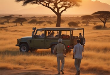 A vibrant sunset over the savannah with a silhouette of a safari jeep and acacia trees.