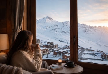 Woman enjoying a cozy alpine morning with mountain views during a Val Thorens alpine stay