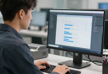 Engineer in a hard hat using a laptop and tablet for reliability centered maintenance services.