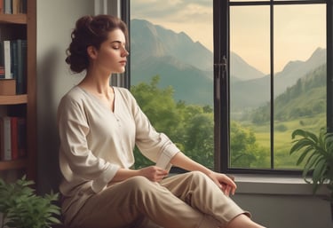 A serene therapy room bathed in soft tanish blue-green light, with comfortable chairs and calming decor.