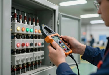 Technician hands — no face — using a clamp meter on live busbars inside an open control panel, indicator lights active, factory floor visible in background out of focus, overhead fluorescent shop lighting