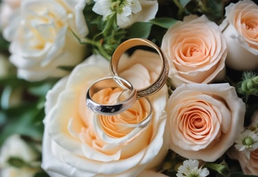 Close-up of a vintage camera resting on a rustic wooden table with wedding rings beside it.