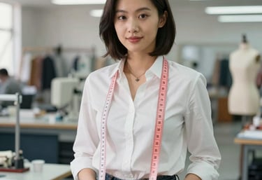 Una diseñadora de moda en un estudio con una cinta métrica alrededor del cuello.