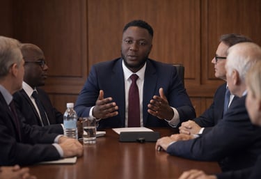 A black businessman leading a corporate meeting with diverse executives in a wood-paneled boardroom.
