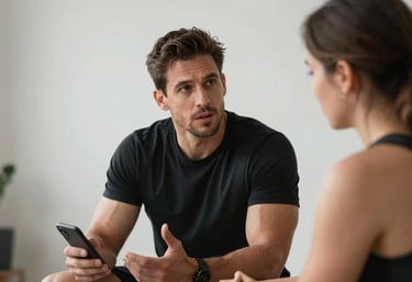 A fitness coach in a North American / Canadian studio discussing performance data with a client.