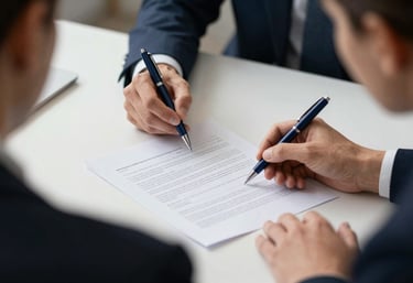 A close-up of two people looking at a document together on a clean white table, with deep midnight blue pens and a professional atmosphere.