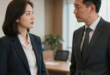 Two professionals in North American business attire engaging in a calm, serious discussion in a well-lit, premium office setting.