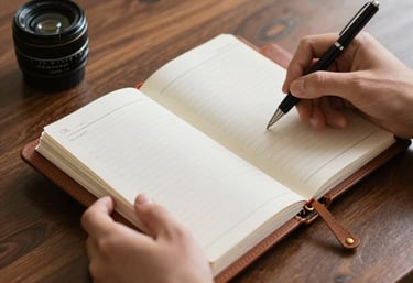 A close-up photograph of hands holding a leather-bound planner and a pen on a polished walnut table, suggesting careful planning and financial seriousness in a North American setting.