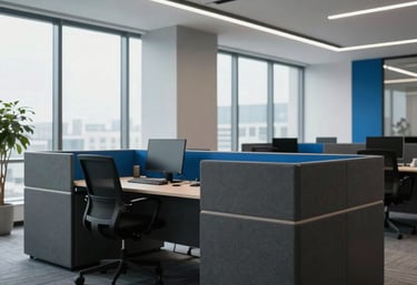 Modern office interior with dark gray furniture, blue accents, large windows, professional photography.