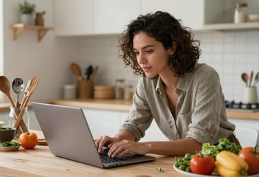A lifestyle photography shot of a social media manager analyzing data on a laptop in a bright kitchen filled with artisanal tools and fresh ingredients, capturing the down-to-earth agency vibe in Western Europe.