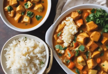 A warm, inviting plate of traditional Indian vegetarian dishes with rotis and rice on a rustic wooden table.