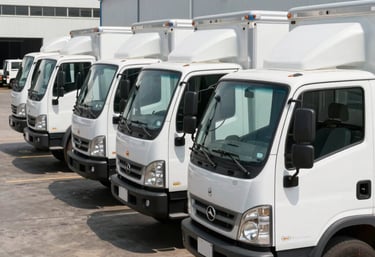 A fleet of clean, white delivery trucks lined up at a South American industrial logistics center, bright daylight, professional corporate photography style.