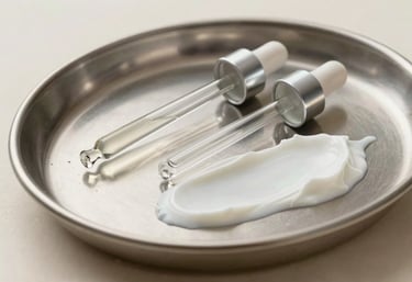 Clinical still life photography featuring a stainless steel tray with glass droppers and neutral white cream samples. The atmosphere is clinical and premium, with an off-white ivory and deep charcoal palette.