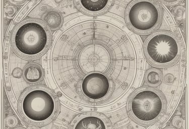 Astrological symbols of zodiac signs and planets softly glowing in the background.