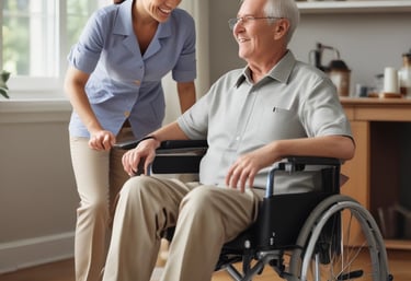 A friendly caregiver chatting warmly with an elderly woman in a cozy living room.