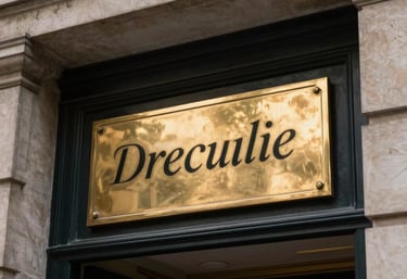 A sharp, high-contrast photograph of the entrance of a prestigious Parisian building, focusing on a brass plaque with elegant typography, daytime.