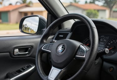 A detail shot of a car&amp;#x27;s dashboard and steering wheel on a sunny day in a South American suburb, representing the freedom of driving safely.