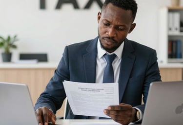 A tax professional at Taxhpliance Startup reviewing financial documents and using laptops.