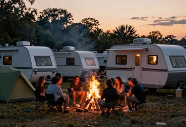 A cozy camper van parked in a scenic forest clearing during golden hour.