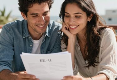 Photography of a smiling couple looking at documents together on a bright terrace, feeling relieved and happy, Global / Hispanohablante con enfoque en EE. UU.