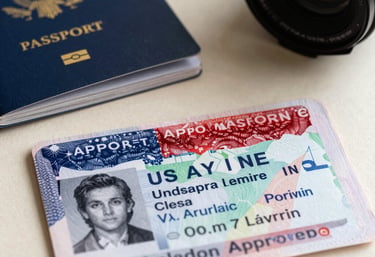 Close-up photography of an approved US visa in a passport, clean aesthetic, turquoise and beige desk background, bright light, professional style.