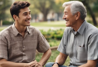 A gentle scene showing a senior woman smiling while speaking on a phone with a caregiver, set in a softly lit living room.