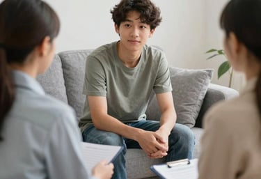 A psychologist warmly interacting with a child, hands painted in autism colors, fostering connection.