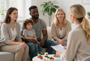 A psychologist warmly interacting with a child, hands painted in autism colors, fostering connection.
