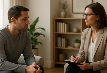 A psychologist warmly interacting with a child, hands painted in autism colors, fostering connection.