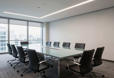 A wide shot of a modern, clean corporate conference room in a US office building, with polished glass tables and perfectly vacuumed carpets.