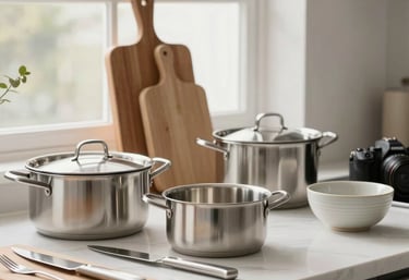 A cozy kitchen scene with a chef using premium utensils in natural light.