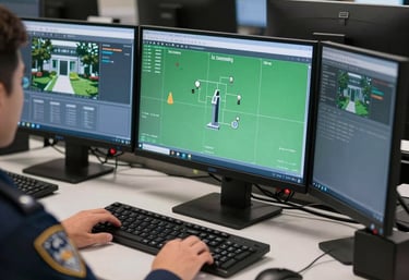 A clean, organized security operations center desk in a US office with monitors showing green building analytics and entryway statuses. Sharp focus, professional lighting.