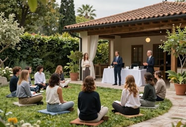 A peaceful outdoor garden area set up for retreats and group activities.