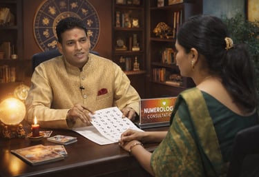 Professional numerology consultant in traditional attire holding a chart during a client consultation.