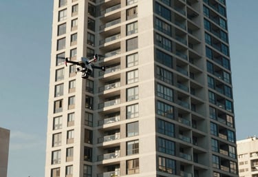 Professional architectural drone hovering near the facade of a modern luxury residential tower in a South American city, clear daylight, technical inspection context.